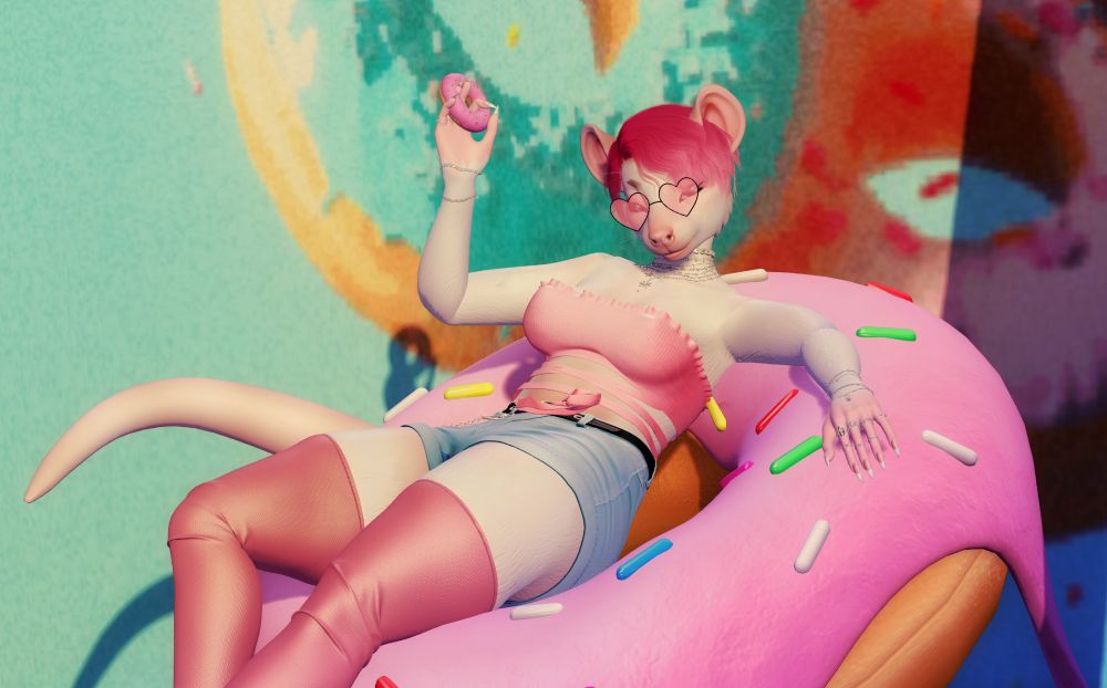 Sl render of an albino rat furry girl with pixie cut pink hair and long thigh high pink stockings and heart shaped glasses. She sits in a large pink frosted and sprinkle covered donut shaped chair as she holds up a similar looking donut in her hand.