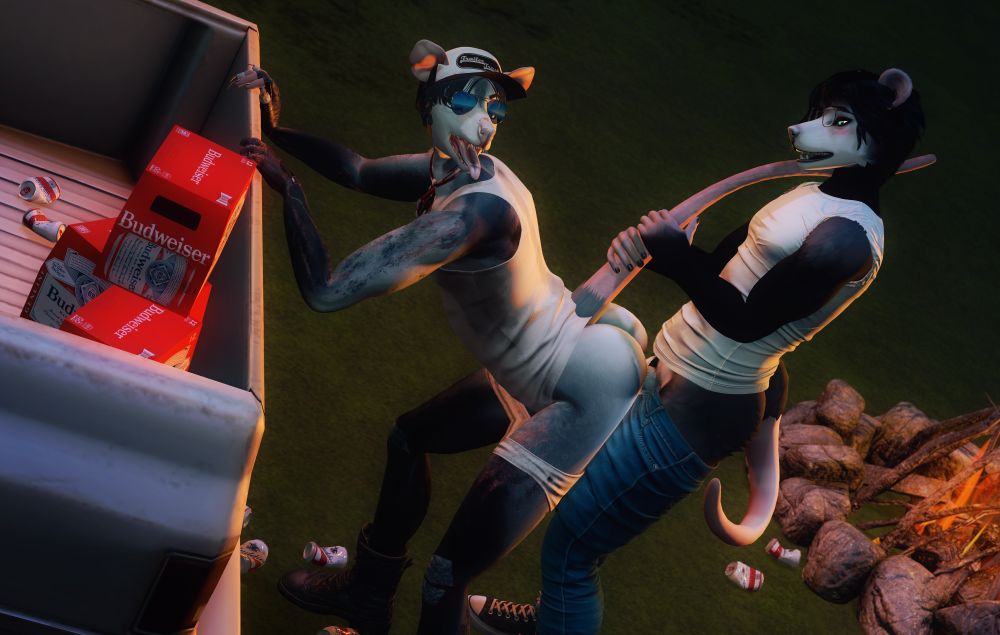 image rendered in second life of two male redneck possums next to a bonfire, one of them is holding onto the tailgate of a truck with his underwear pulled down between his thighs as the other fucks his ass deep from behind with a tight grip on his tail. The truck bed and ground below them is scattered with crushed beer cans.