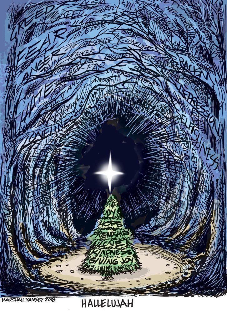 Christmas Tree with star lighting a cavern.