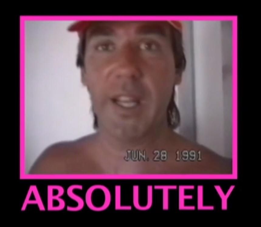 Tim Heidecker's father saying "Abso... lutely." The text underneath reads "ABSOLUTELY" and the camcorder date field reads "JUN, 28 1991"