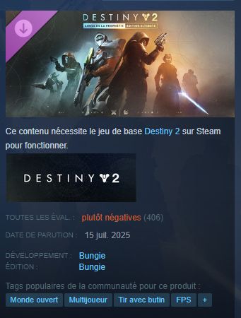 Vignette Steam du DLC de Destiny 2 avec une évalution en "plutôt négatives" bien écrit en rouge.