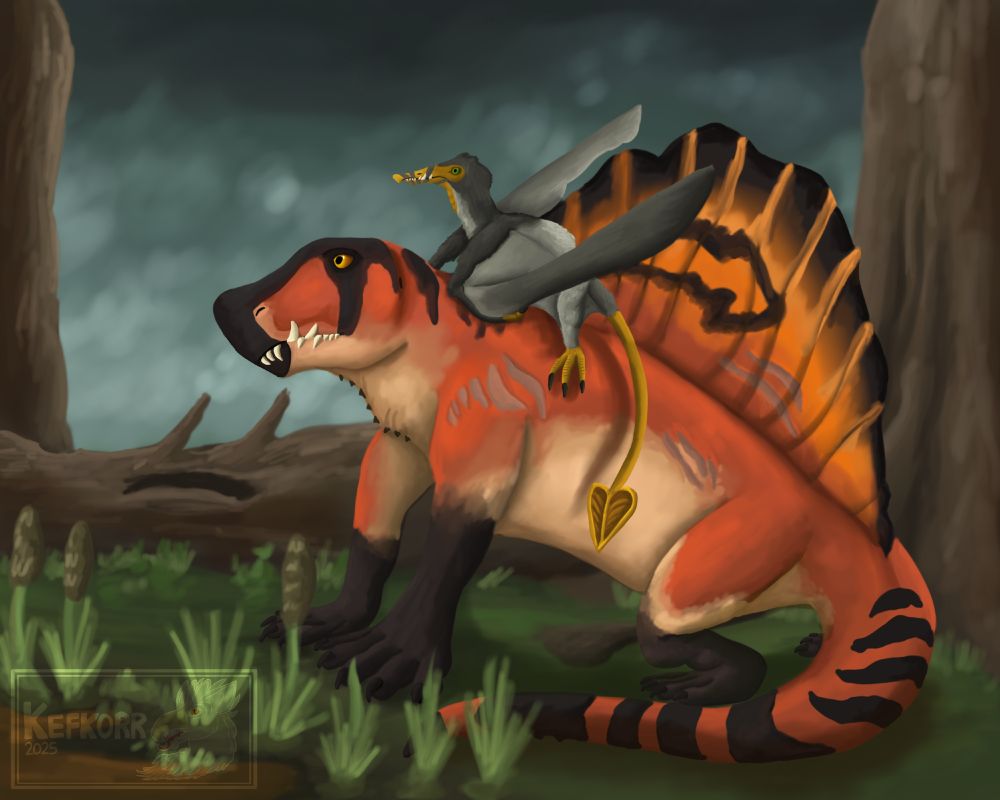 A Rhamphorhynchus (pterosaur) sits on top of a Dimetrodon (synapsid, a non-dinosaur) with battle scars in the middle of a forest and swamp.