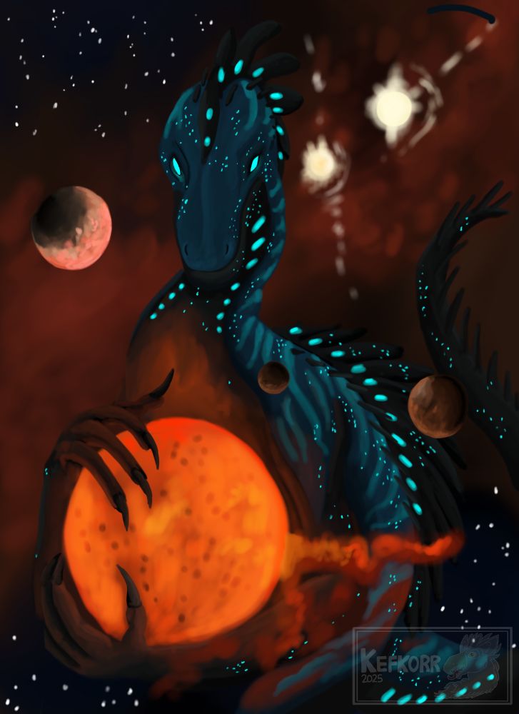 A celestial raptor holds the red dwarf star Proxima Centauri, accompanied by three planets. In the background are stars, a nebula cloud and two stars close to her - namely the binary Alpha Centauri stars.