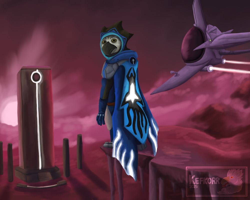 A traveller that is visually like a Gek (one of the No Man's Sky races; prominently with a beak and large eyes) stands at the top of a cliff with a monolith and their spacecraft in the background.