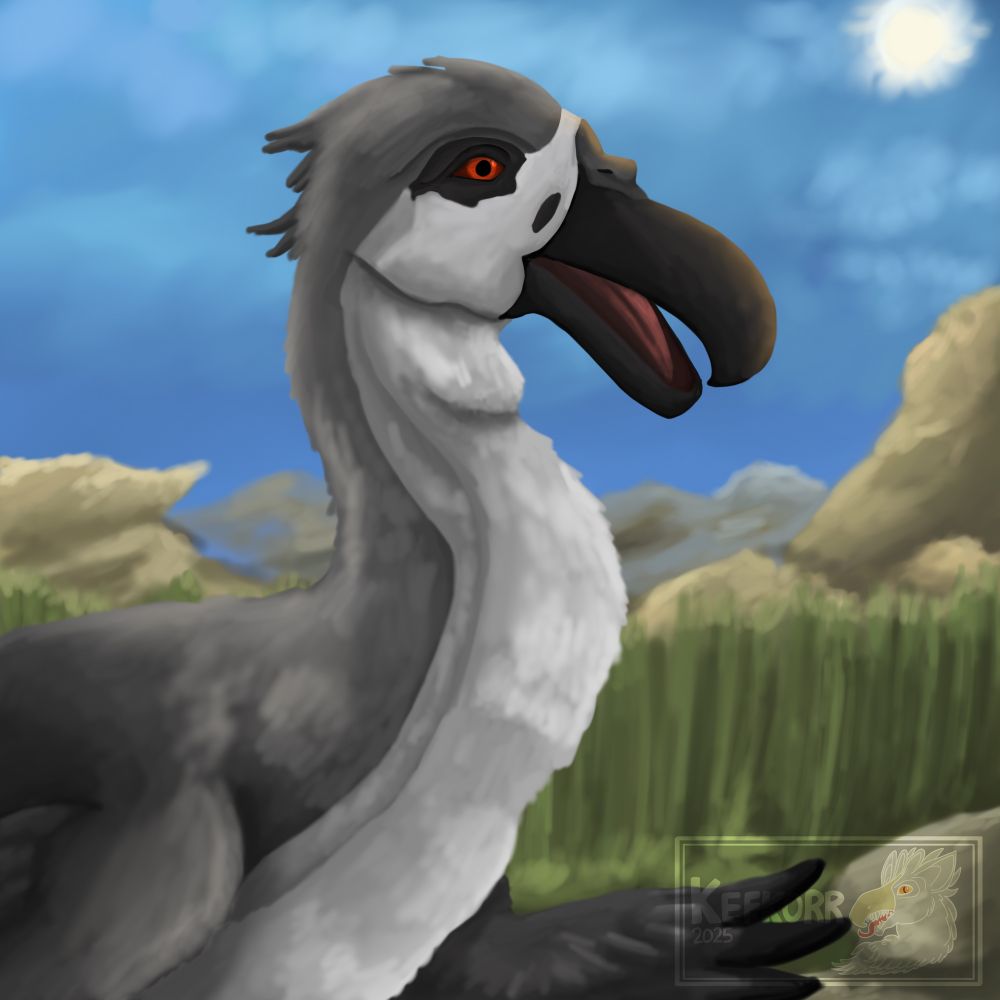 A head portrait of Titanis (terror bird) with grasslands in the background.