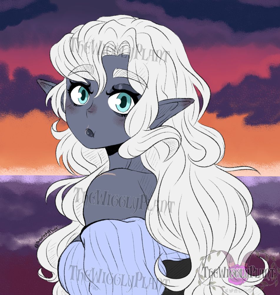 Deep gnome with cyan blue eyes stares back as the sunsets behind her over the ocean.
Her hair is long and white, cascading down.