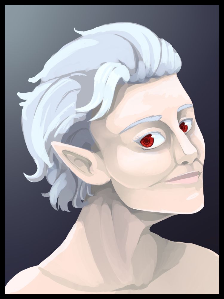 A work in progress shot of Astarion tilting his head and grinning at the viewer 