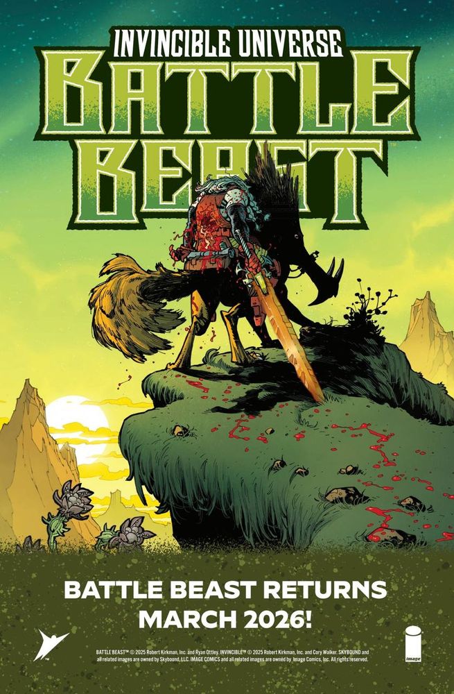 Вгорі: INVINCIBLE UNIVERSE; великий заголовок BATTLE BEAST. Постать у броні з червоним нагрудником тримає помаранчевий меч, стоїть на чорній істоті з жовто‑коричневим хвостом. Зелено‑жовте небо, сонце над скелями. На скелі червоні плями й кілька черепів. Внизу: BATTLE BEAST RETURNS MARCH 2026! і два білі логотипи.