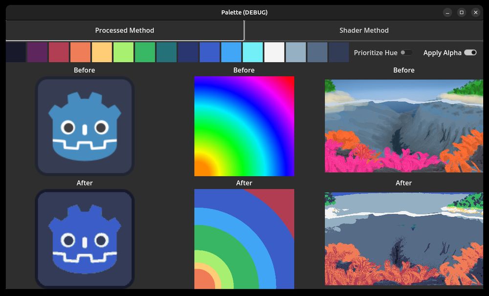 2 of 3 Screenshots of a Godot Debug Project called Palette. Within the screenshot there is 2 Method Tabs at the top, then a List of Colors, and 2 Toggle Options. The 2 Toggle options are only shown in the Processed Method Tab, and they are 
