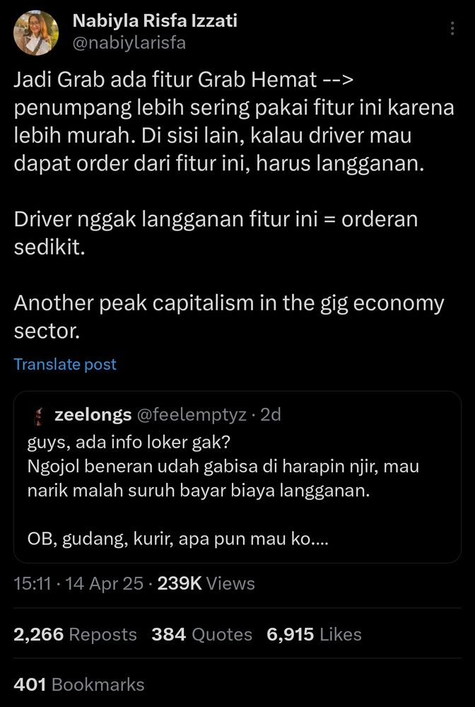 Jadi Grab ada fitur Grab Hemat --> penumpang lebih sering pakai fitur ini karena lebih murah. Di sisi lain, kalau driver mau dapat order dari fitur ini, harus langganan.

Driver nggak langganan fitur ini = orderan sedikit.

Another peak capitalism in the gig economy sector.