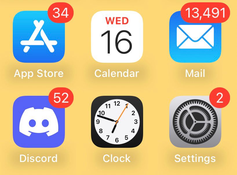 My insane mail app with 13,491 notifications, app store with 34, and discord with 52. help