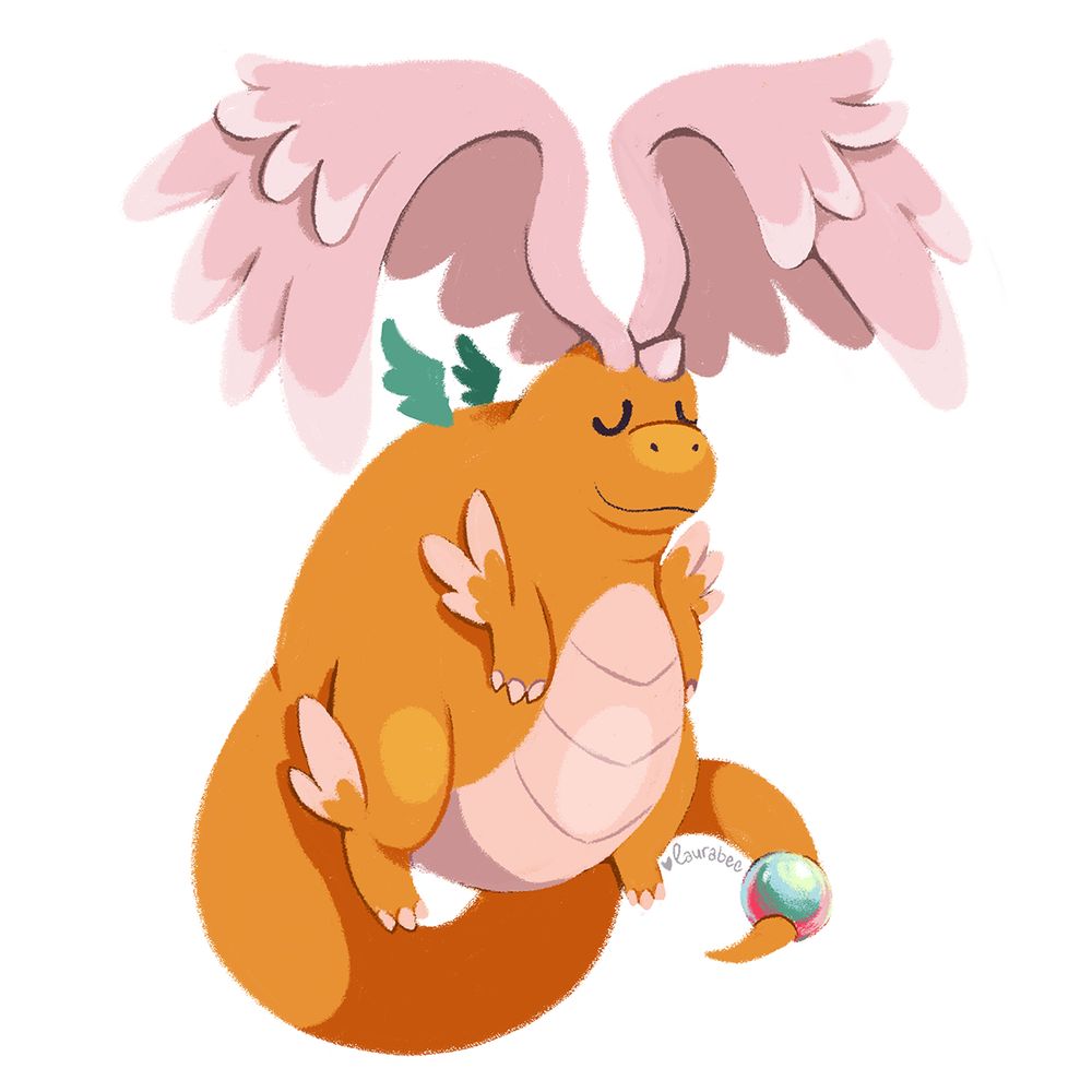 A drawing of Mega Dragonite, but he's a sweet chunky boy with his eyes closed. His giant head wings are carrying his round body and I love him so much
