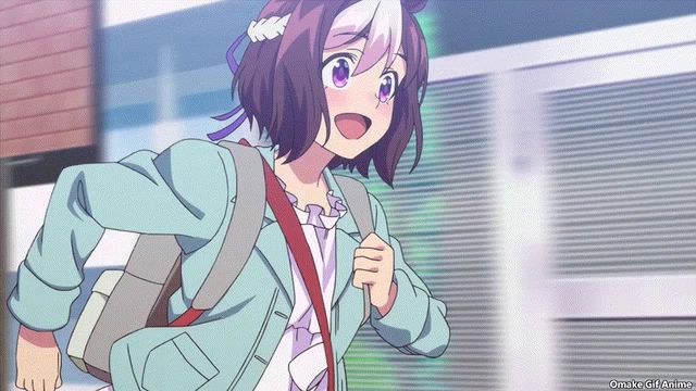 a girl with purple hair is running with a backpack and the words omake girl anime on the bottom right