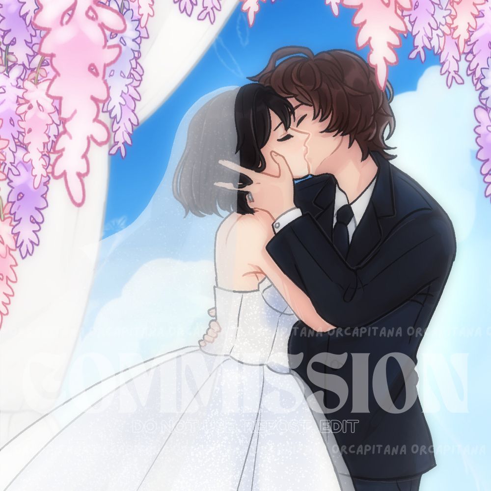 Wedding art of Sandalphon from Granblue Fantasy and Emily, commissioner's persona kissing.