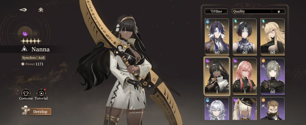 A black woman holdng a golden double sided blade. She has a white and black latex dress with gold accessories. 