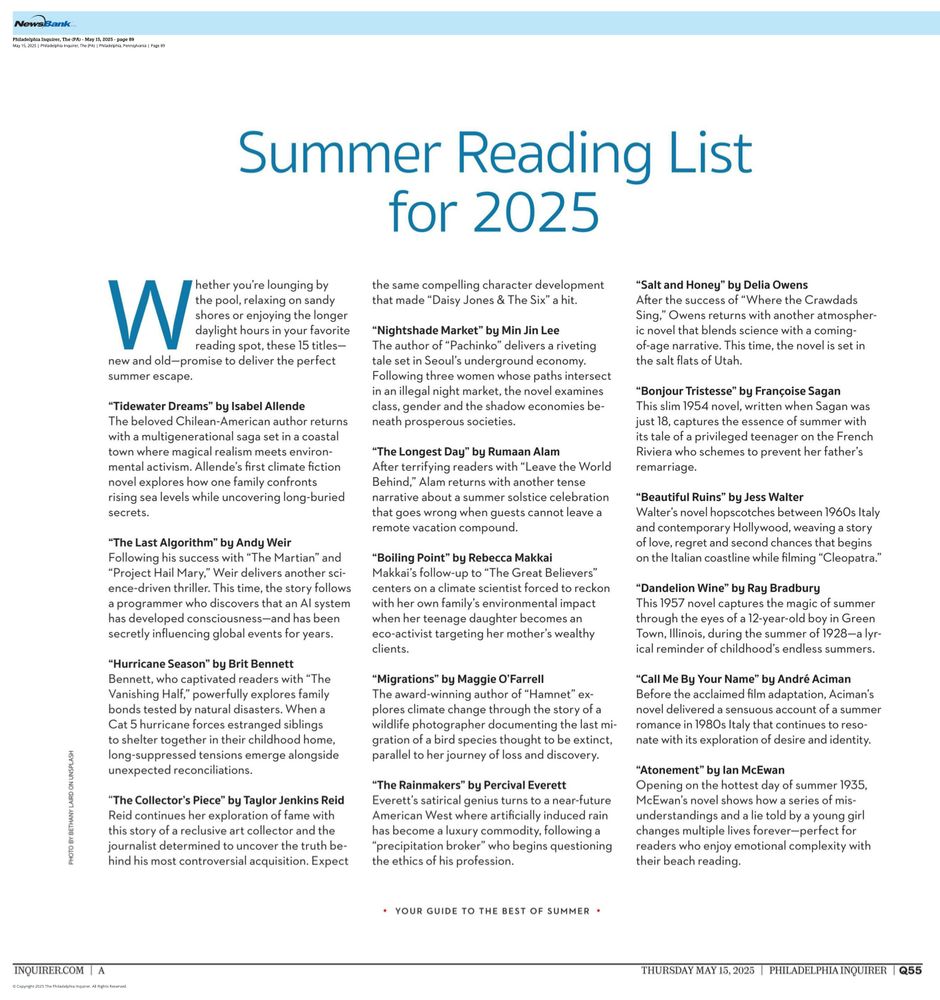 Summer Reading List for 2025 with various erroneous entries that look like AI hallucinations, as published in The Philadelphia Inquirer.