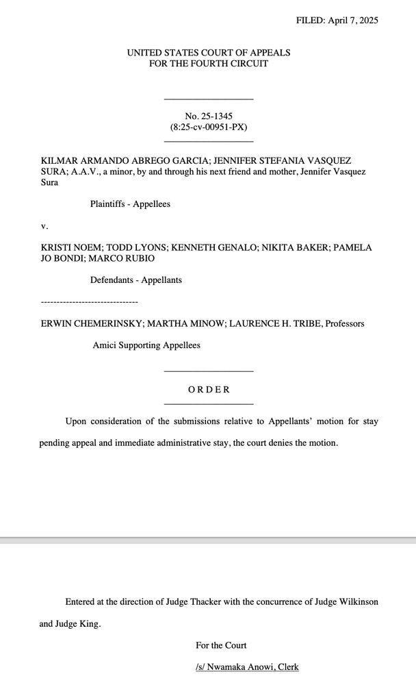 ORDER Upon consideration of the submissions relative to Appellants' motion for stay pending appeal and immediate administrative stay, the court denies the motion. Entered at the direction of Judge Thacker with the concurrence of Judge Wilkinson and Judge King. For the Court Is/ Nwamaka Anowi, Clerk