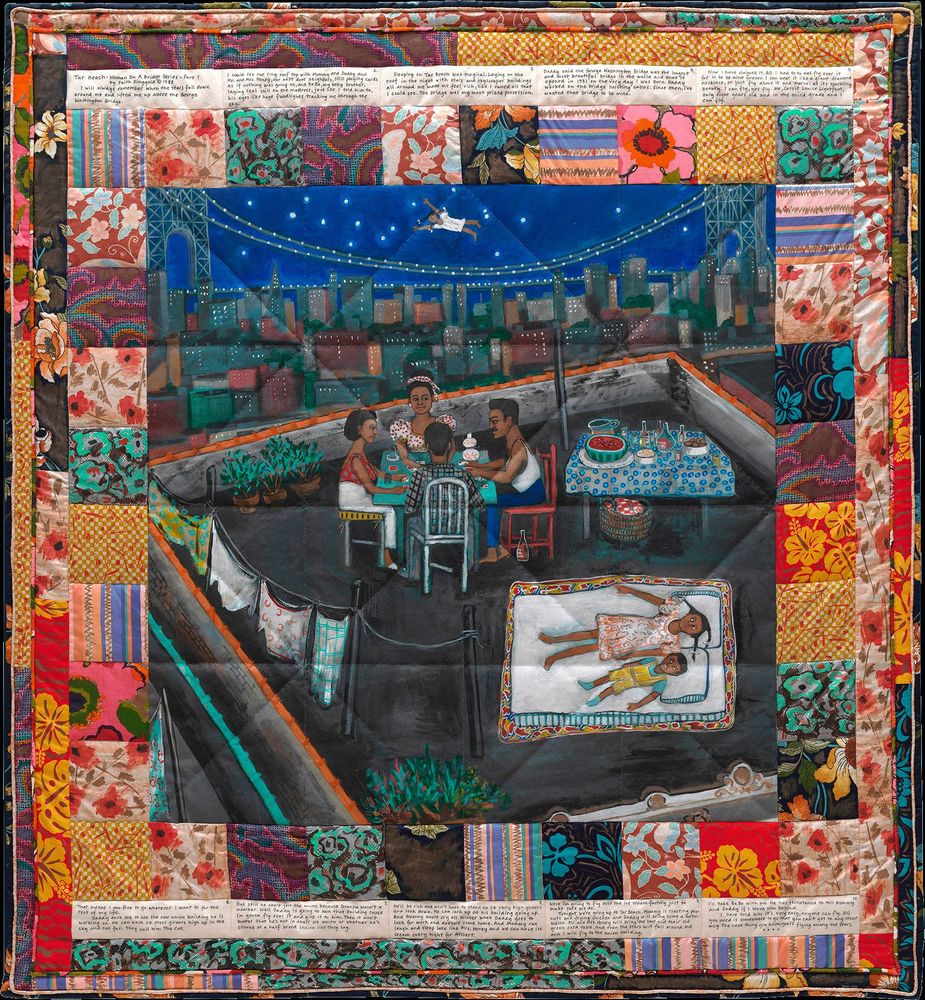A colorful quilt depicts a family lounging on a rooftop in Harlem