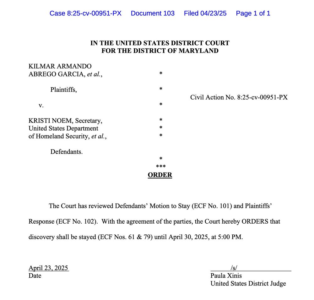 ORDER
The Court has reviewed Defendants' Motion to Stay (ECF No. 101) and Plaintiffs'
Response (ECF No. 102). With the agreement of the parties, the Court hereby ORDERS that discovery shall be stayed (ECF Nos. 61 & 79) until April 30, 2025, at 5:00 PM.
April 23, 2025
Date
/s/
Paula Xinis
United States District Judge