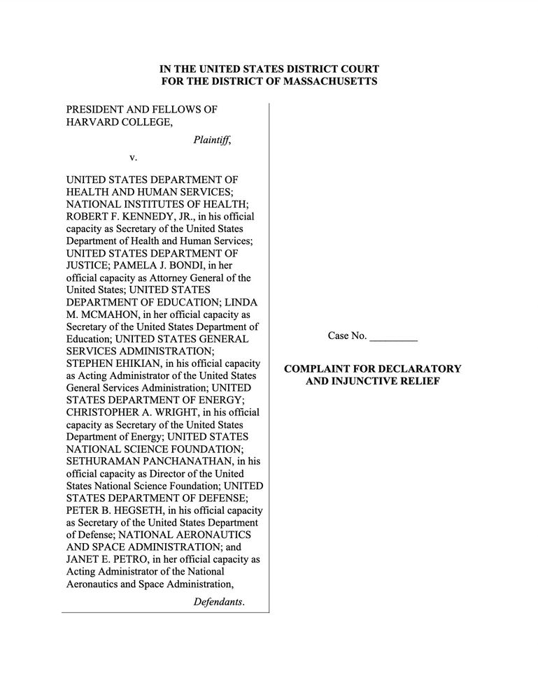 Cover page of Harvard's complaint, listing many members of the Trump administration as defendants.