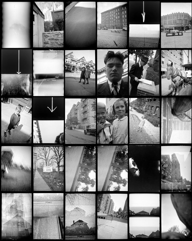 A grid of black-and-white, often askew photos of buildings and kids and a horse-drawn carriage.