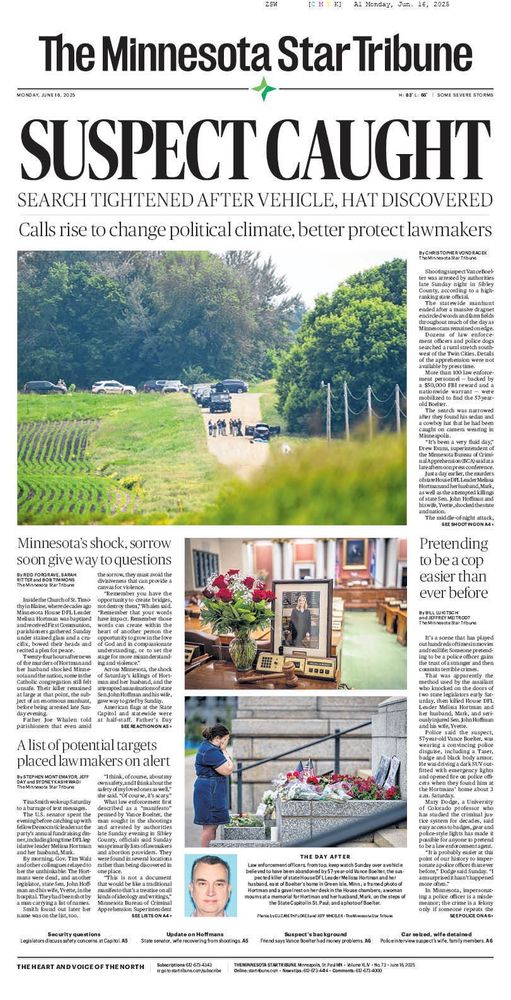 Tomorrow's front page of the Minnesota Star Tribune, with a banner headline reading "SUSPECT CAUGHT."
