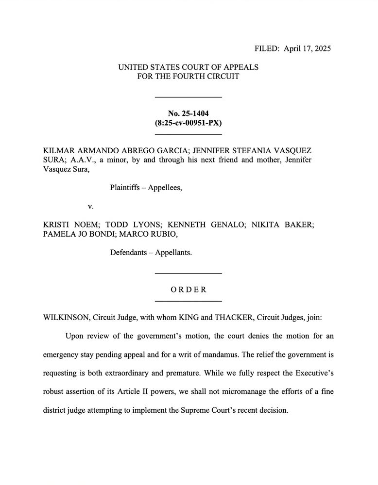WILKINSON, Circuit Judge, with whom KING and THACKER, Circuit Judges, join:
Upon review of the government's motion, the court denies the motion for an
emergency stay pending appeal and for a writ of mandamus. The relief the government is
requesting is both extraordinary and premature. While we fully respect the Executive's
robust assertion of its Article II powers, we shall not micromanage the efforts of a fine
district judge attempting to implement the Supreme Court's recent decision.
