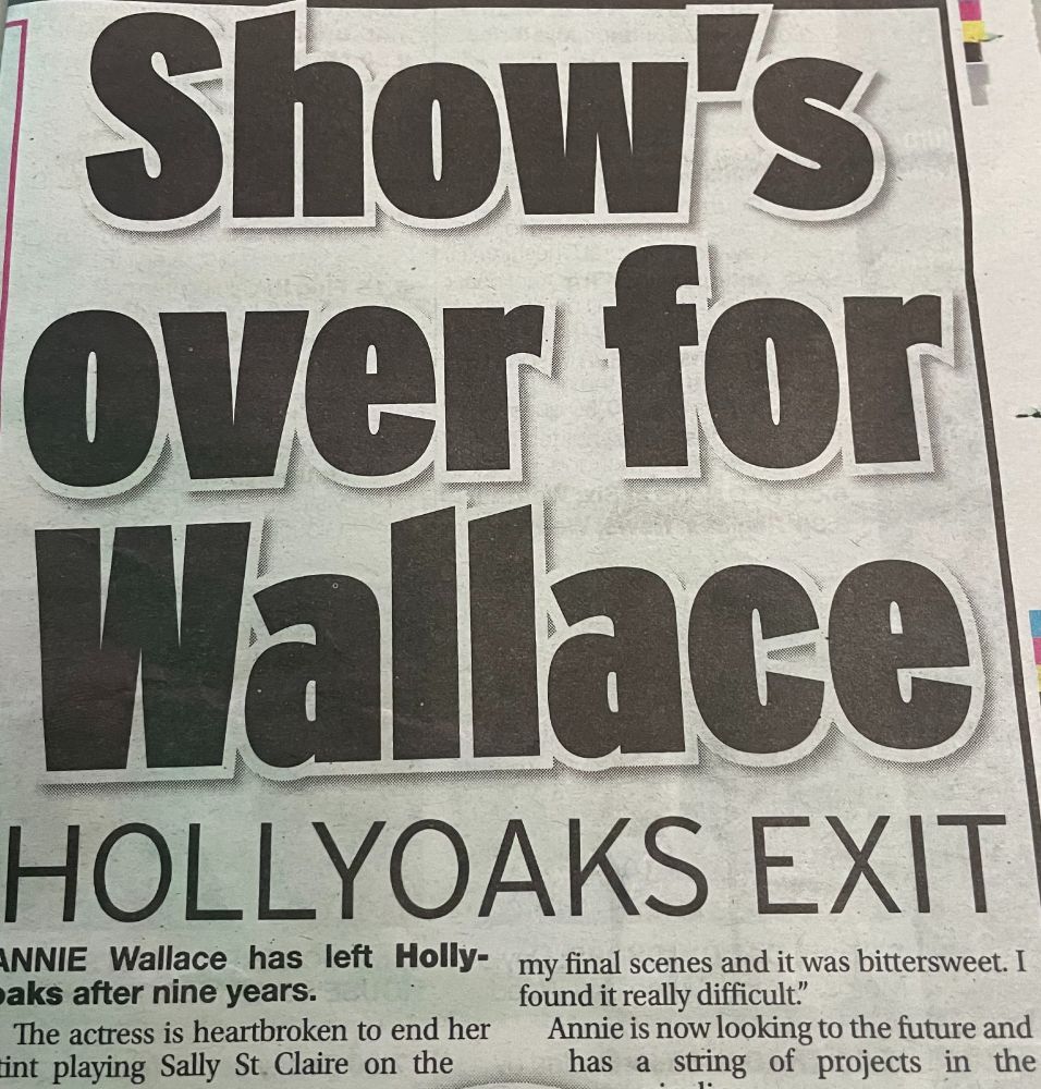 A newspaper article with the headline: "Show's Over for Wallace" which is about a different Wallace, this one not a Danny but an Annie.