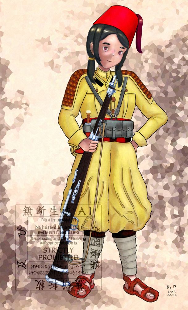 ティンニア陸軍（突撃歩兵隊）の歩兵。モデルはWW2イタリア軍、WW1オスマントルコ軍、ヨルダン軍ベドウィン隊、19世紀ズアーブ兵などです。銃はカルカノとシュミットルビンを混ぜて中東のマスケット風にアレンジ。