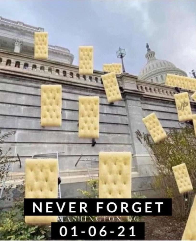 Never forget 01-06-21 meme with photoshopped saltines over the people
