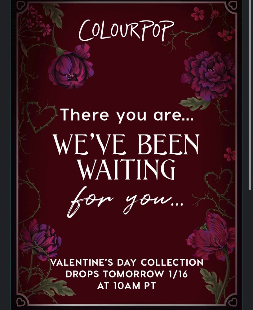 Advertisement for Colourpop Cosmetics teasing a new Valentine’s Day collection
