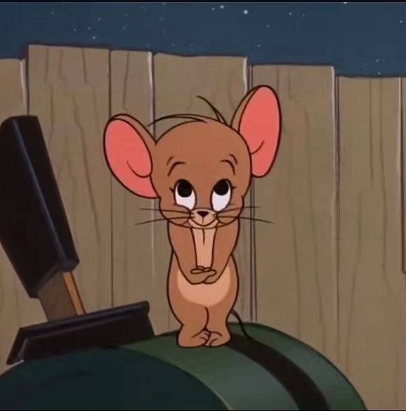 cartoon mouse looking up with a shy smile and bashful posture, feet turned inward and hands clasped in front with arms straight down