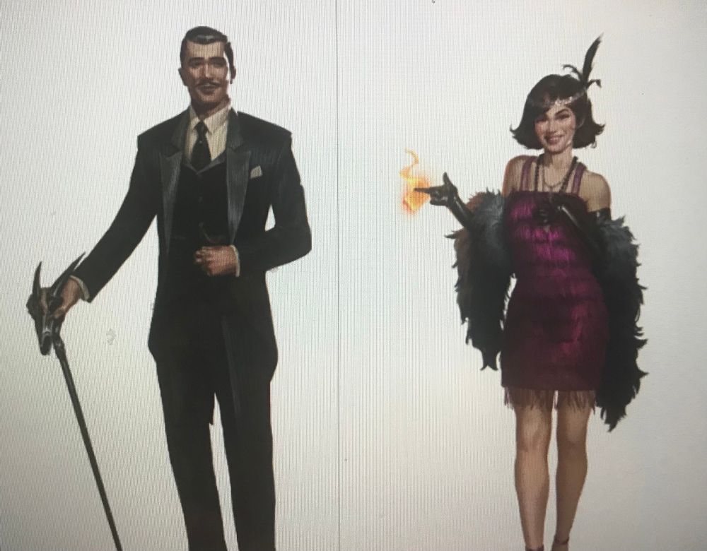 an unfortunately low quality image of character art showing a handsome man in a suit with a thin mustache and a pretty young woman in a tiered magenta "flapper" dress with a headband and boa, making a finger gun surrounded by flame