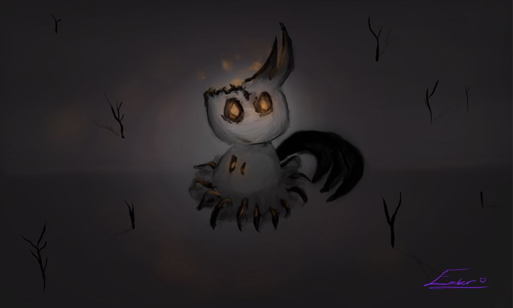 A Mimikyu (Pokémon) in the form of the Broken Vessel (Hollow Knight)

Orange light shines from within the creature. It spills out of the opened top of its head down onto the snow around it, and through the eyes of the top head to gaze at the viewer

Dark metal legs stab outwards from under its tattered cloak, as its large claw lurks in the shadows.

Small twigs and leafless plants stick up from the snow