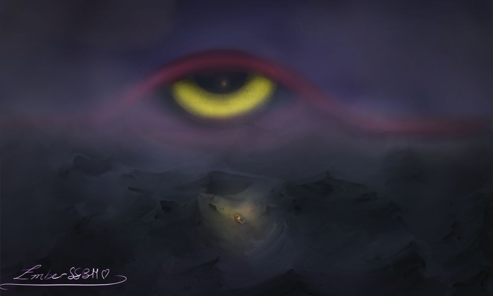 A stormy ocean scene in which a small ship, captained by Mr. Briney and his pet Wingull Peeko (Pokemon), are fighting to stay afloat amidst the waves.

The lights of the ship are a small reflection in the monstrous eye of Kyogre (big ol scary whale pokemon), its golden eye piercing through the fog, its teeth and features fading into the fog and waves

Signed: EmberSSBM <3