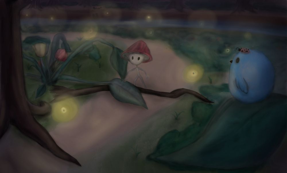 A humanoid mushroom (named Mush) walks along a dirt path, over a fallen branch and a drooping leaf. Off to its side is a plant with red, yellow, and white flowers, and next to that a large tree. Forest fades into the distance, separated by a river and shrubbery.

A round, blue bird (Blorb) with a ladybug (Lady) on its head watches over the nighttime scenery being illuminated by fireflies, as it sits atop a leaf