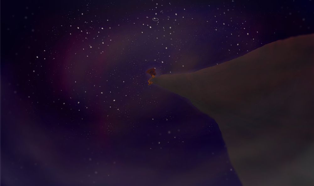 A cliff from an underside view, looking past it into a starry night sky, illuminated by the colors of space. A small wooden friend sits at the edge of the cliff, gazing upwards into the cosmos