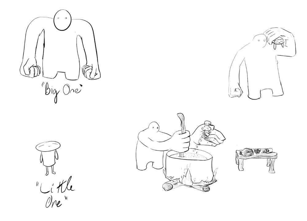 Two characters in various circumstances: 

Little One (they/them): A wise, pleasant lil guy with a rectangle body, a round head and a gentle smile. They are depicted drooped over Big One’s shoulder in one image. In another, they are pouring ingredients into a large soup pot while standing on Big One’s hand and wearing a little chef toque.

Big One (It/Them): A golem-like figure with rounded, gorilla-like proportions (long arms, big hands, small legs). It has two uneven eyes and no mouth nor feet. It is depicted gently holding onto Little One as they are drooped over its shoulder. In the other image, Big One is holding its hand out flat for Little One to stand on and pour ingredients into a soup pot. Big One stirs the pot with a large, crooked, wooden spoon.


To the side of their soup pot is a rustic wooden table with some chopped vegetables on it
