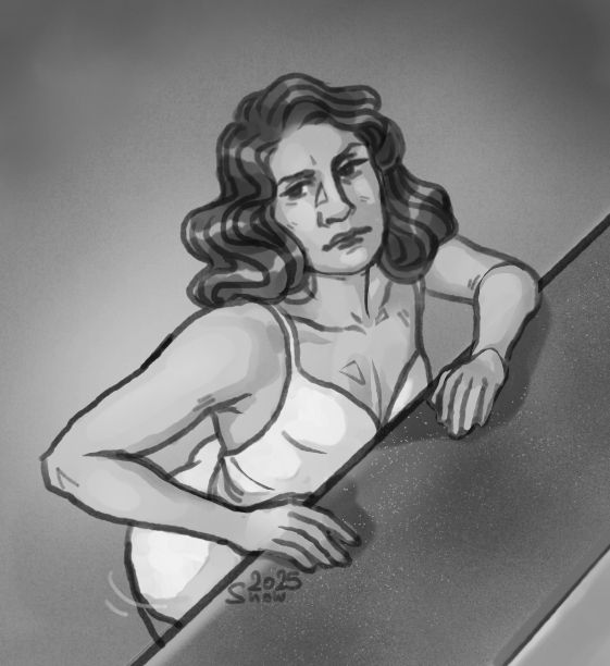 fitzjames holding onto the edge of a pool, POV is from above, she is wearing a one piece swimsuit, her hair is styled 