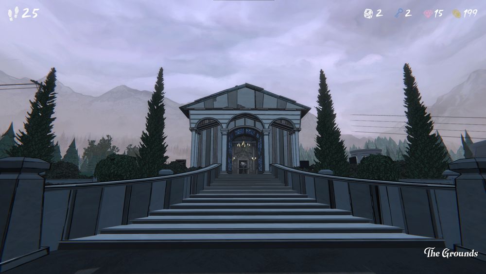 Blue Prince screenshot of the entry to the house except the entire house is missing from the background, revealing trees and a pre-dawn sky.