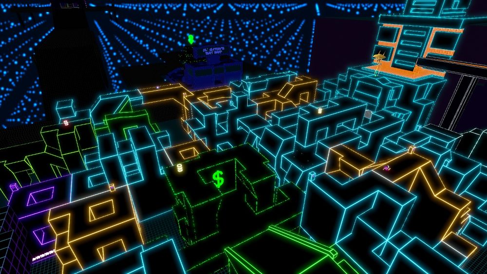 A downward view of the Phish Market where cyan data servers and gold finance servers are intertwined. Some of the decorative elements and specialty servers don't match the color range of the others.