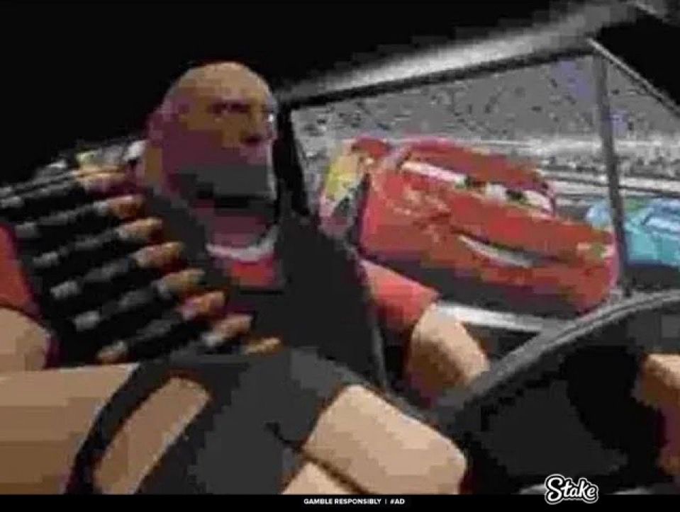 Heavy from TF2 driving a car in the foreground while Lightning McQueen from Cars can be seen in the background along side him.