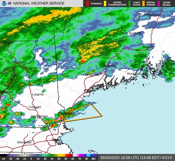 Radar image of Upper Northeast with greens and reds indicating storms.