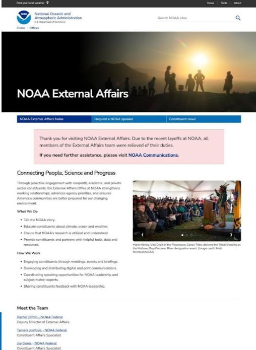 Webpage for NOAA's external affairs team. At top is pink salmon colored box with text that says all external affairs people were fired.