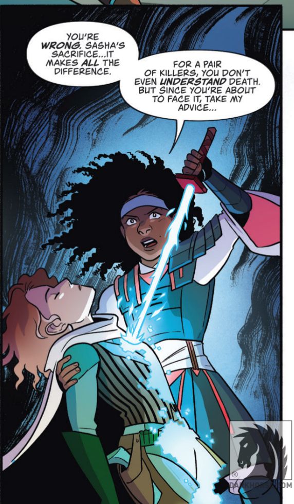 Tonya pulls a sword made of white fire from her unconscious lover's chest 
