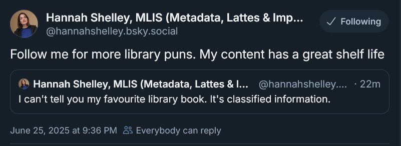 Screenshot of skeet showing the viewer is following @hannahshelley.bsky.social