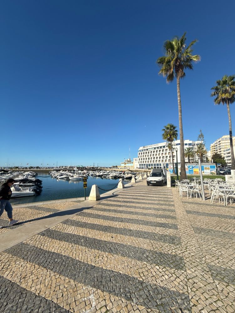 Blue Skies reflected in a marina full of small boats in front of a large hotel with cafés on the pavement and palm trees