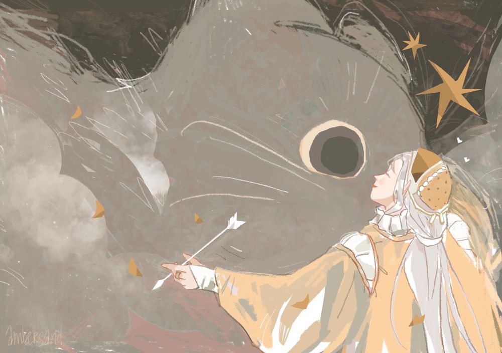 A digitally drawn illustration - a giant cat with a princess in yellow who holds an arrow (she uses it as a scratcher)