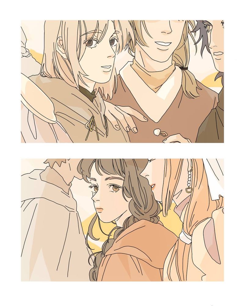 A two panel digitally drawn illustration with the original characters (young man and woman) among the crowd in cloaks