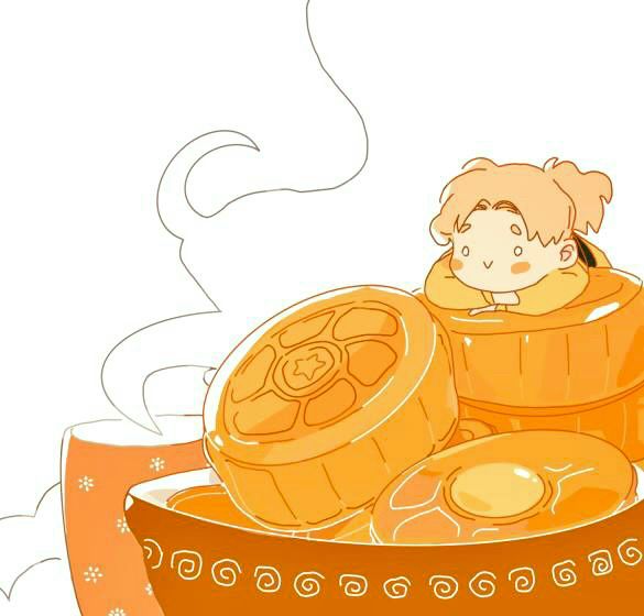 A drawing in anime style with the blonde original character, yellow palette, with the Chinese moon pastries